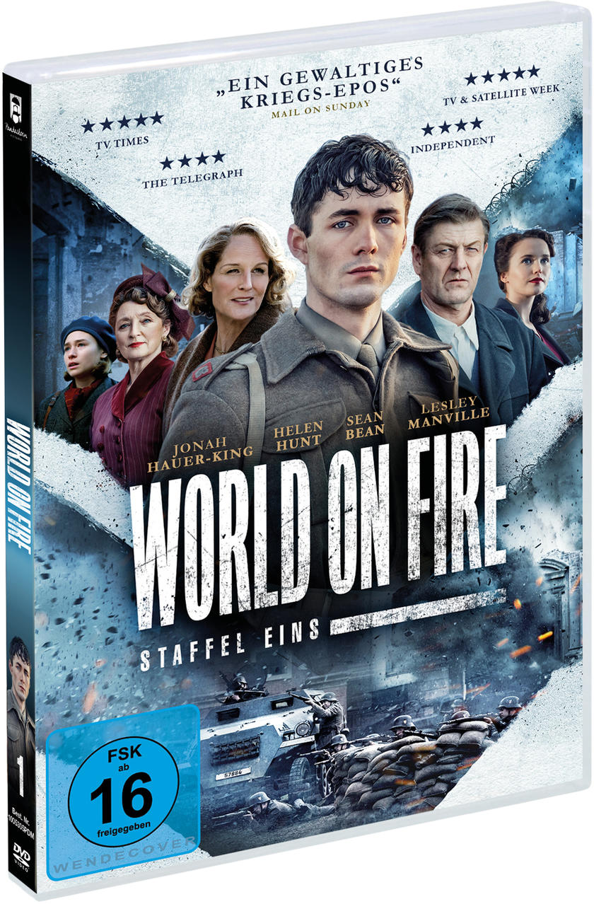 DVD-Cover für World on Fire, mit Schauspielern und einer Kriegsszene im Hintergrund.