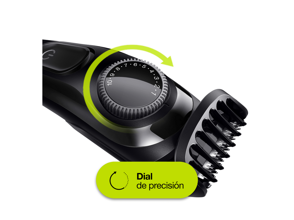 Recortadora de barba negra con un dial de precisión. Se ven el dial y una sección de la cuchilla.