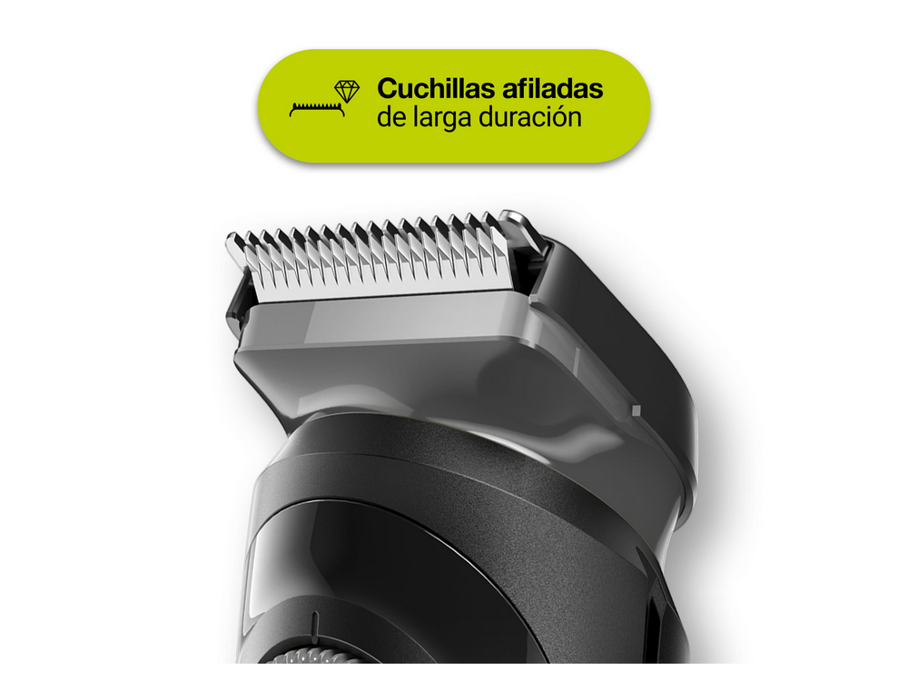 Primer plano de un cabezal de recortadora negra con cuchillas afiladas, texto arriba.