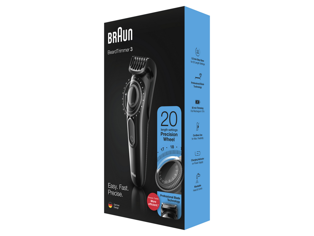 Una recortadora de barba Braun en una caja. La caja tiene una foto de la recortadora y especificaciones.