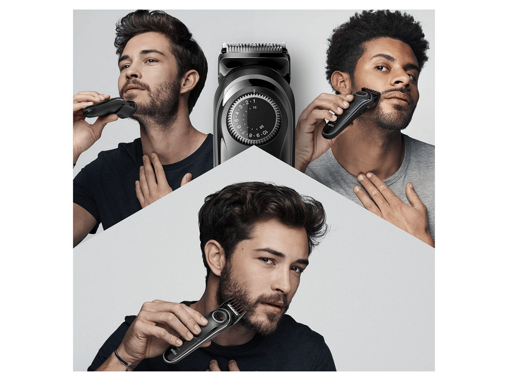 Tres hombres usando un recortador de barba con un dial; uno lo usa en su barba, otro en su bigote.