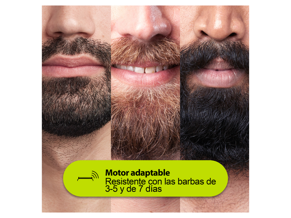 Tres rostros, mostrando diferentes estilos de barba. Texto: Motor adaptable y 3-5, 7 días.