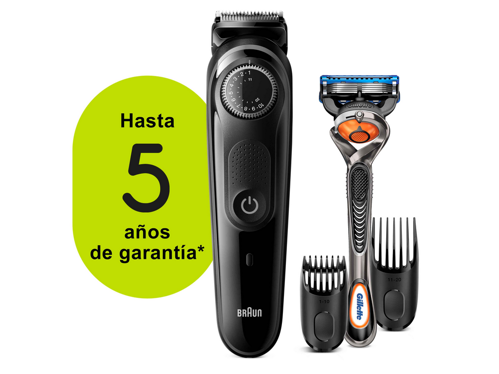 Recortadora de barba Braun y maquinilla Gillette con peines y texto de garantía.