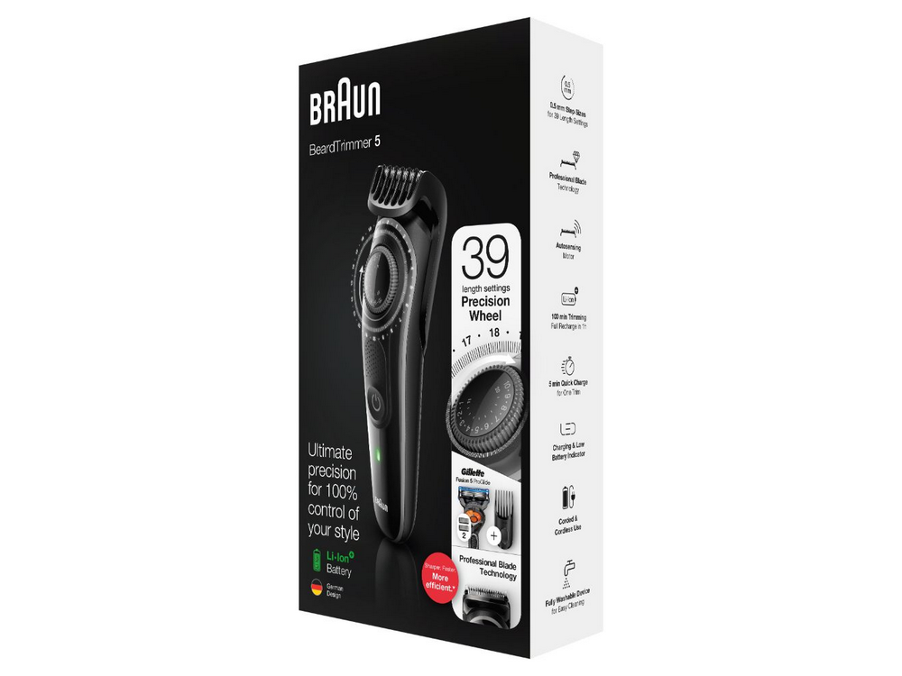 Caja de la recortadora de barba Braun que muestra la recortadora, con texto e información de batería y cuchillas.