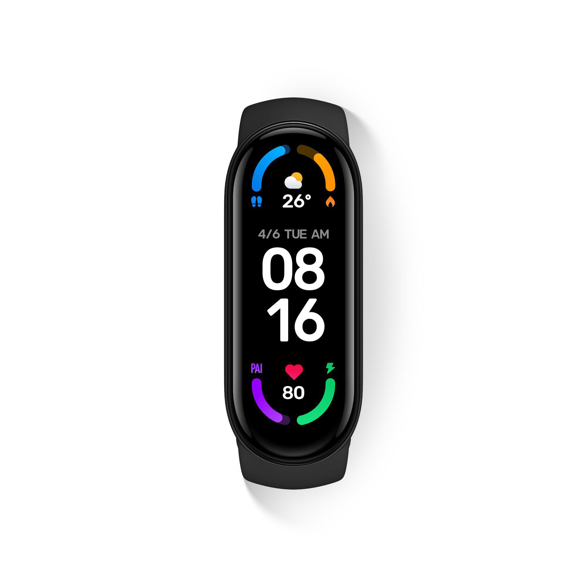 Schwarzer Fitnesstracker zeigt Zeit, Herzfrequenz und Aktivitätsdaten auf weißer Oberfläche.