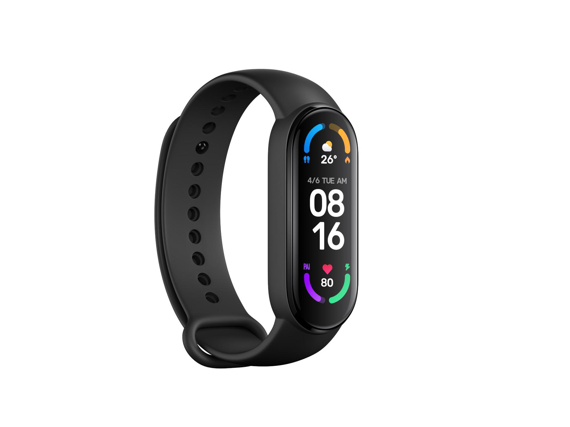 Schwarzer Fitnesstracker, der Zeit, Datum und Gesundheitsmetriken an einem Handgelenk anzeigt.