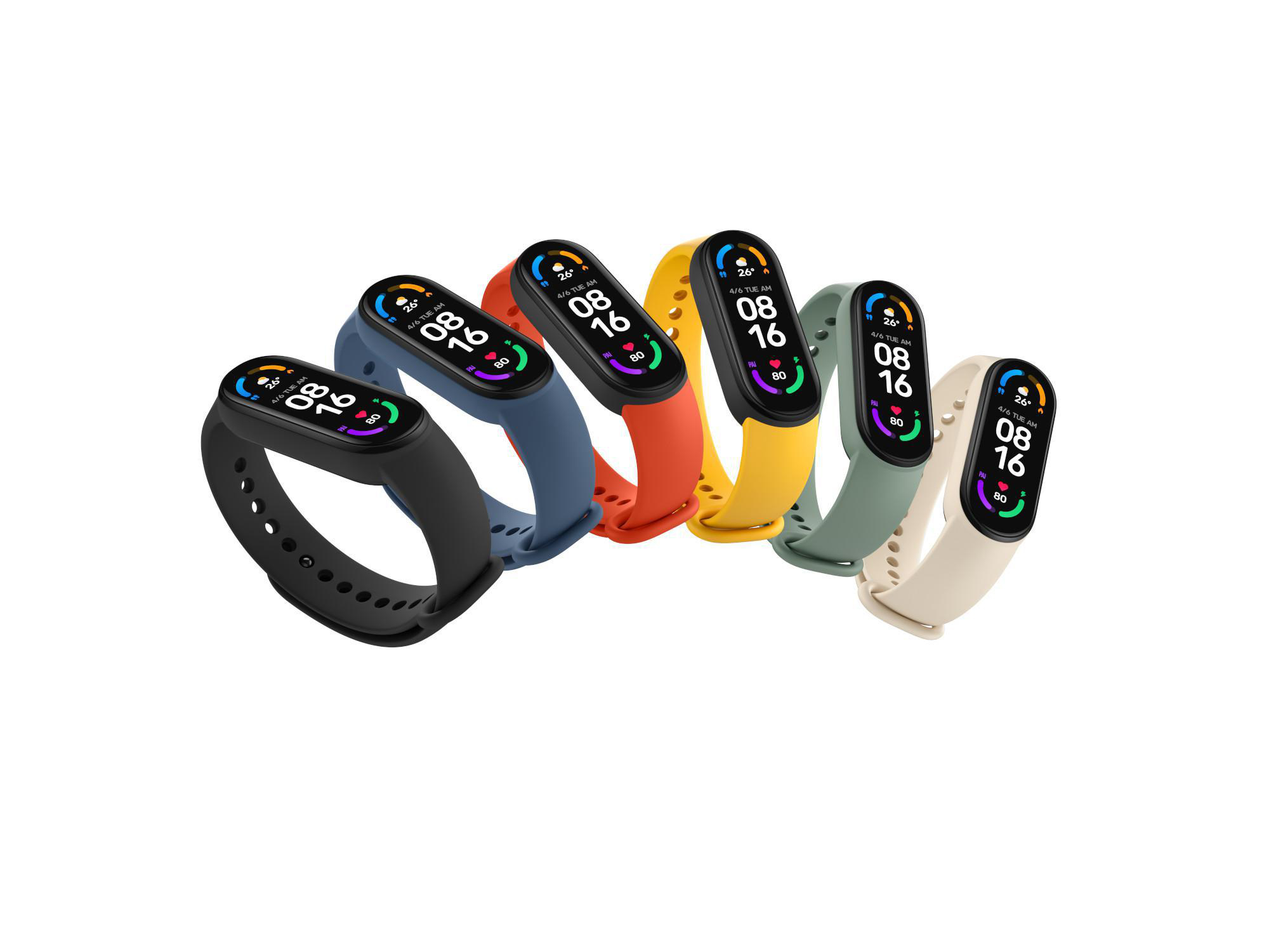 Sechs Smartbands mit farbigen Armbändern. Jedes Band hat einen schwarzen Bildschirm mit Zeit und Daten, weißer Hintergrund.
