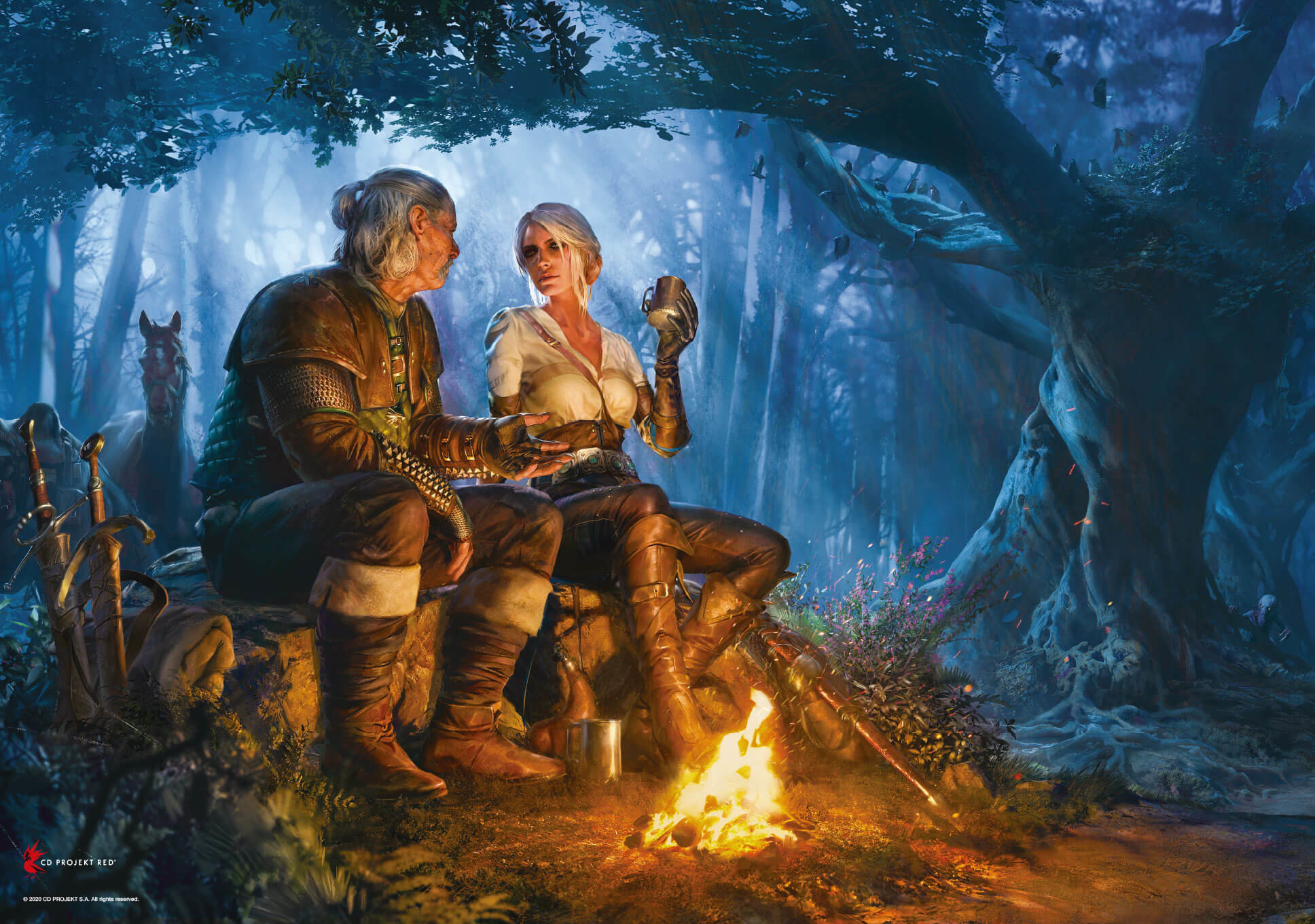Két ember ül egy tűz mellett az erdőben. Fák a háttérben. A Witcher illusztráció.
