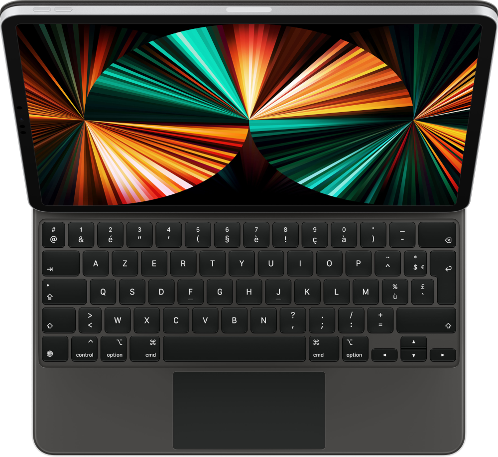 Clavier Apple avec trackpad et écran affichant un art abstrait coloré. Clavier noir.