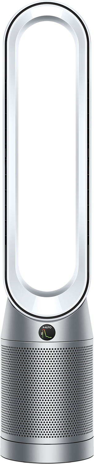 Zilveren Dyson luchtreiniger ventilator. Het heeft een ringvormig ontwerp en staat op een zwarte achtergrond.