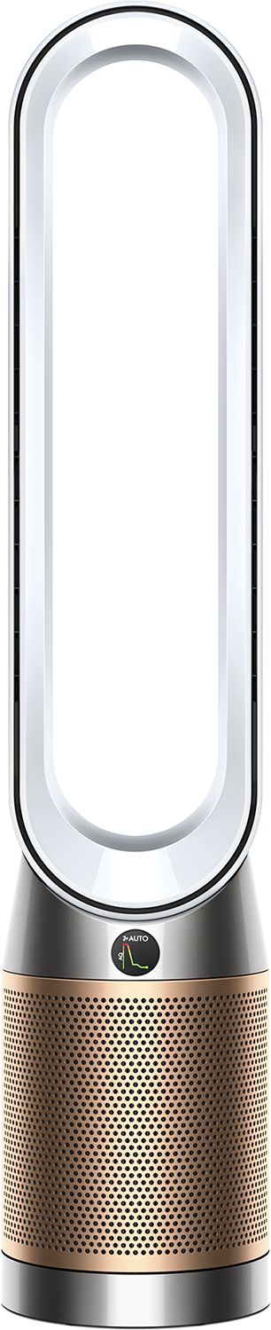 Dyson luchtreiniger/ventilator, hoog, zilver en brons, met een cirkelvormige bovenkant.