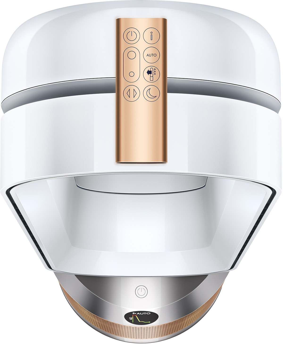 Een witte en gouden Dyson luchtreiniger met een gouden afstandsbediening.