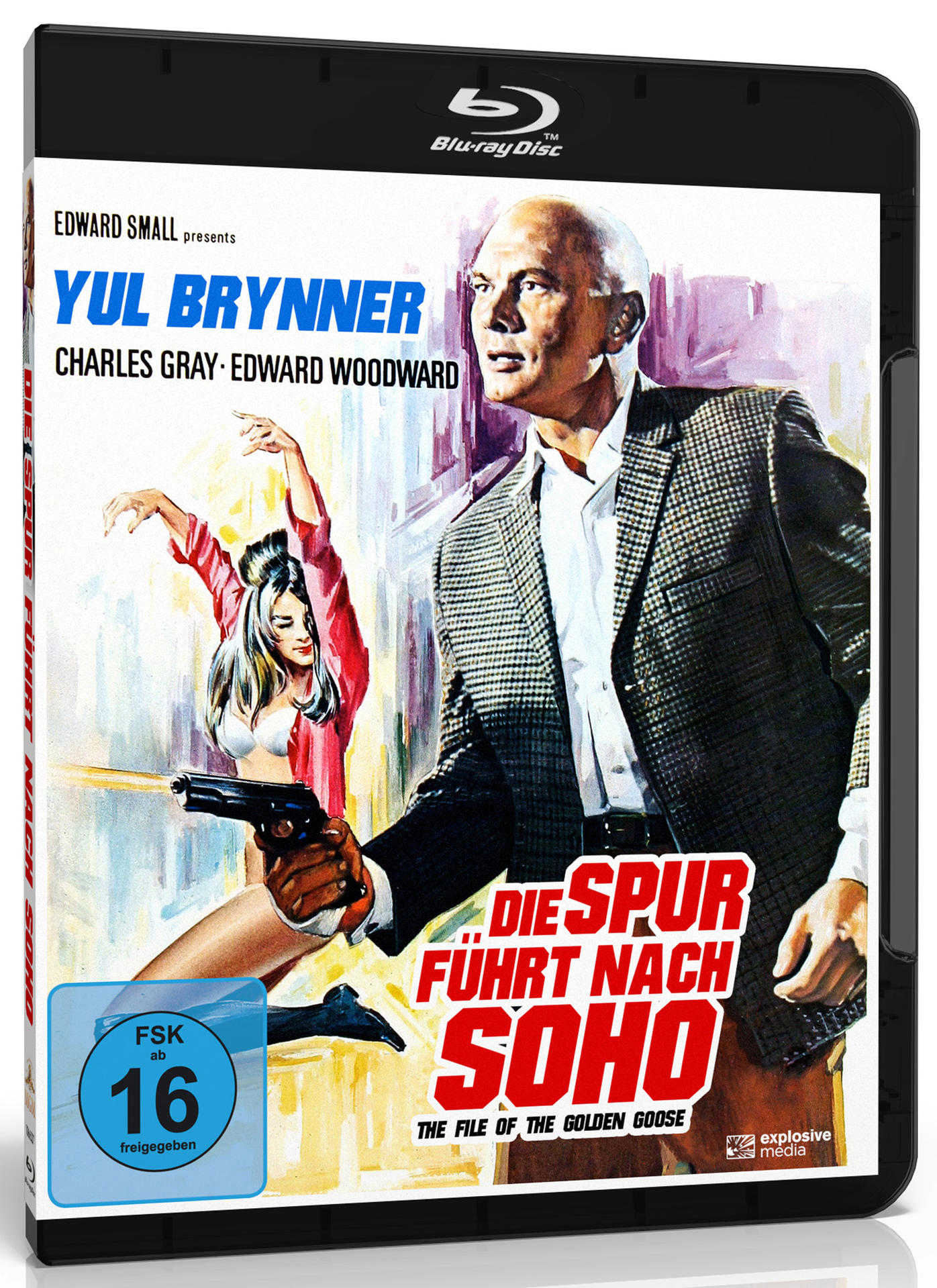Blu-ray-Cover. Mann im Anzug mit Frau mit Pistole. Text: Die Spur Führt Nach Soho.