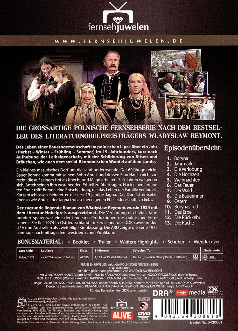 Rückseite des Posters. Menschen in Trachten, Text und eine Episodenliste. Der Hintergrund ist braun.
