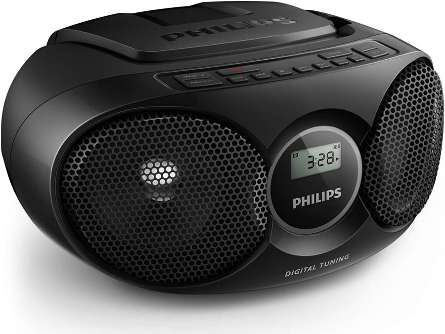Fekete Philips boombox CD-lejátszóval, digitális kijelzővel és két hangszóróval.