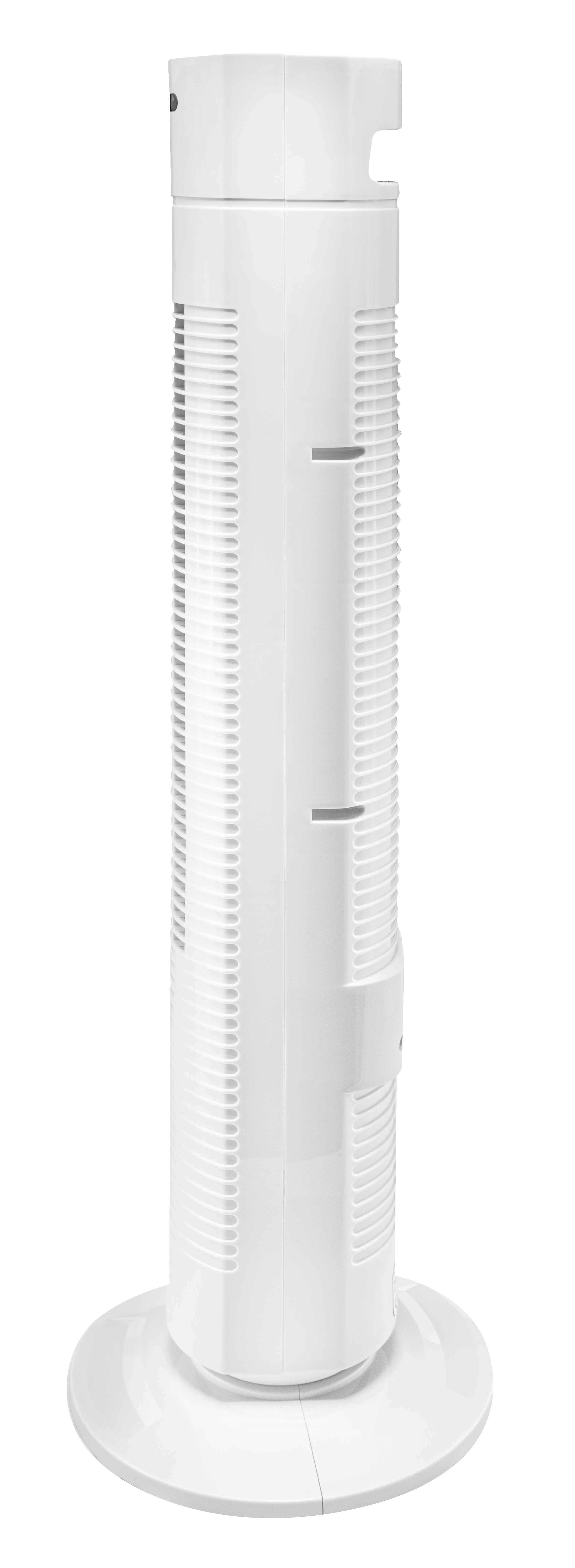 Weißer Turmventilator, freigestellt auf weißem Grund.