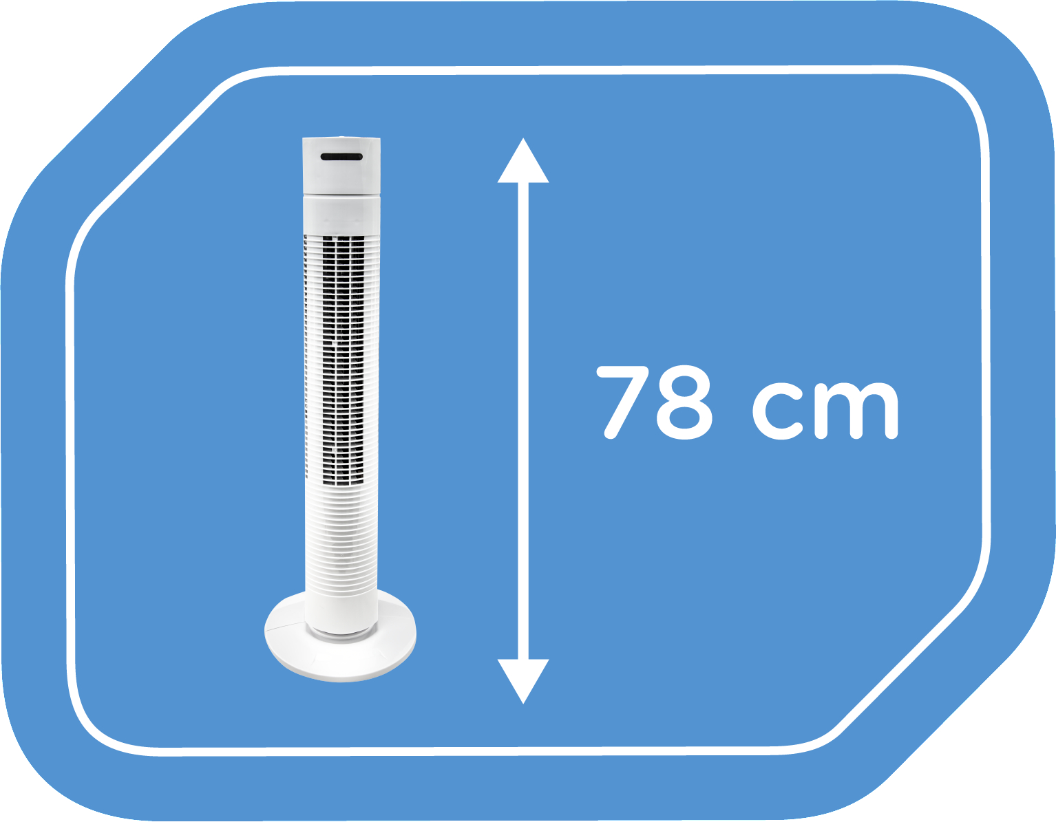Ein weißer Turmventilator mit blauem Hintergrund und einer Messung von 78 cm.