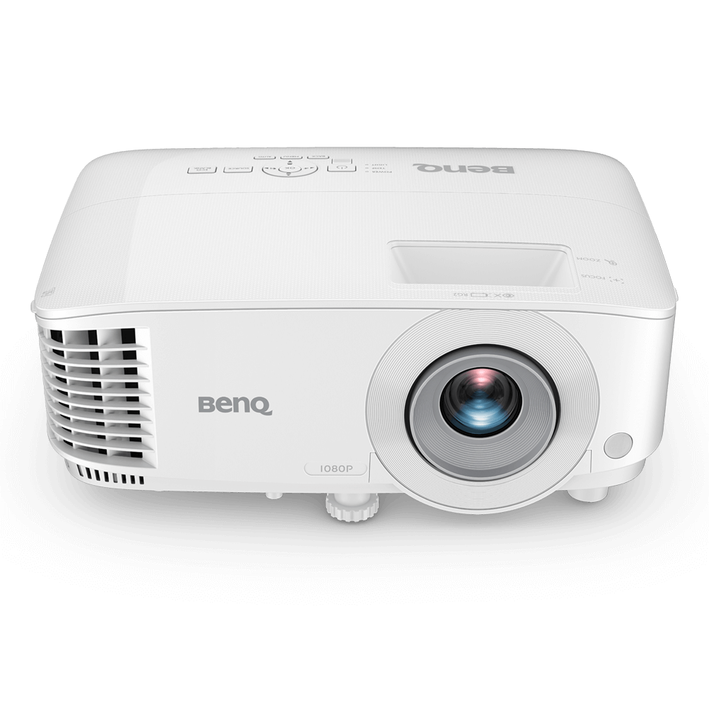 Egy fehér projektor a 'BenQ' szóval az elején. A lencse a közepén található.