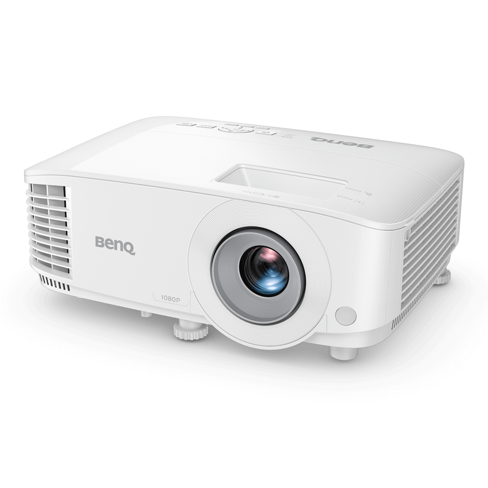 Egy fehér BenQ projektor a néző felé fordítva, fekete háttérrel.