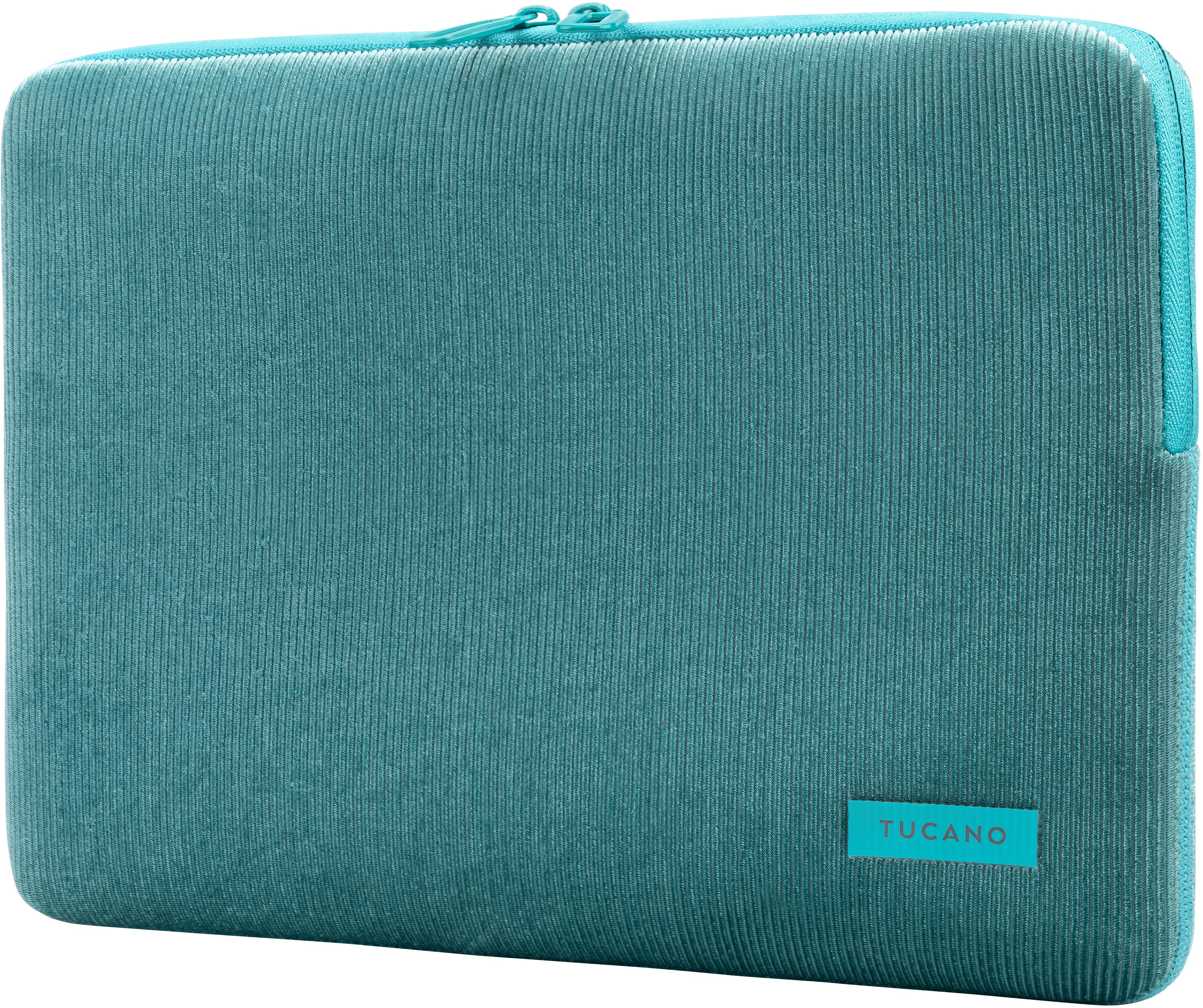 Housse pour ordinateur portable turquoise avec fermeture éclair et étiquette 'TUCANO'. Texture en velours côtelé.