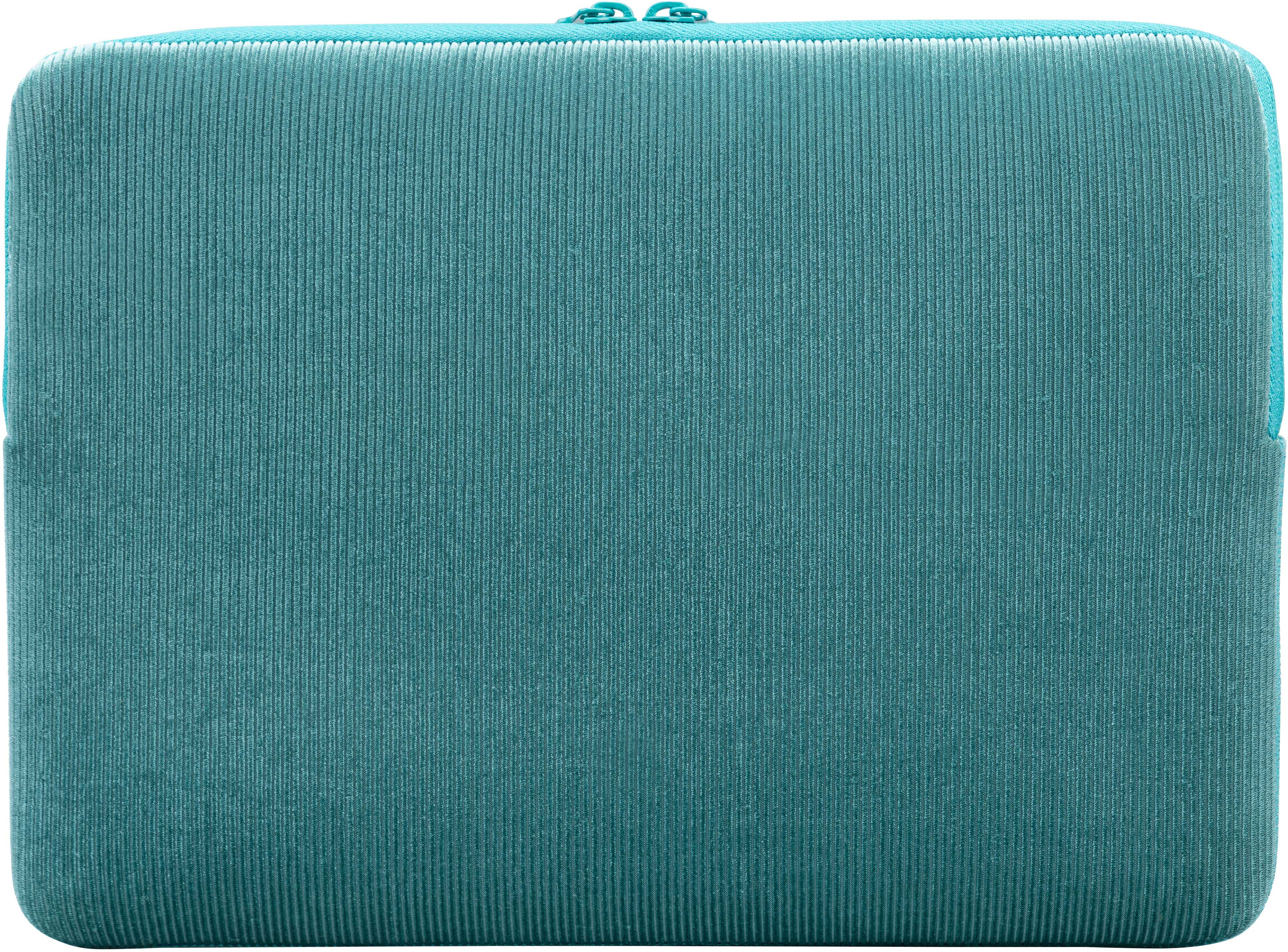 Housse d'ordinateur portable en velours côtelé bleu canard avec fermeture éclair sur une surface blanche.