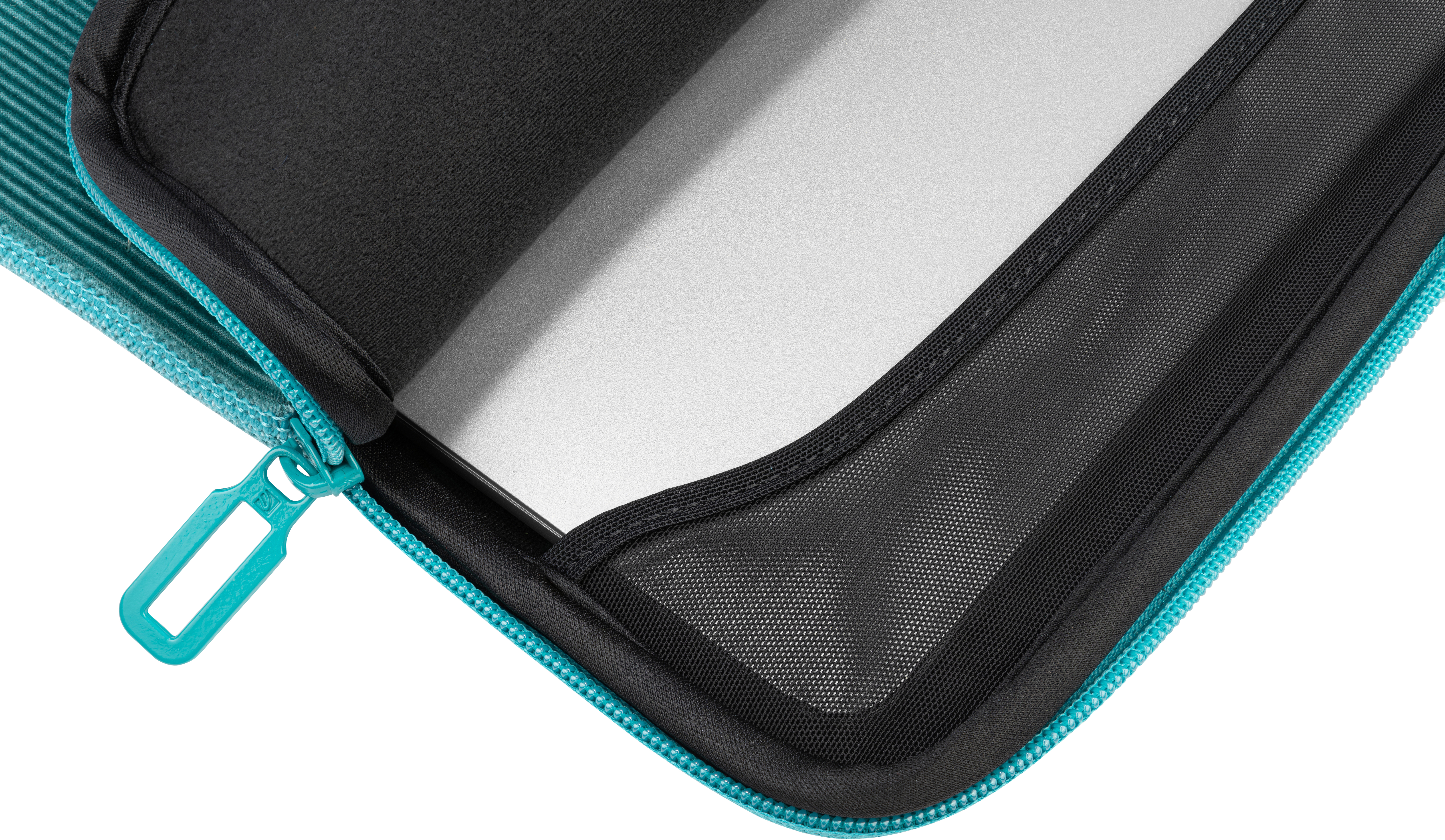 Housse d'ordinateur portable avec fermeture éclair turquoise. La housse est ouverte, révélant un ordinateur portable.