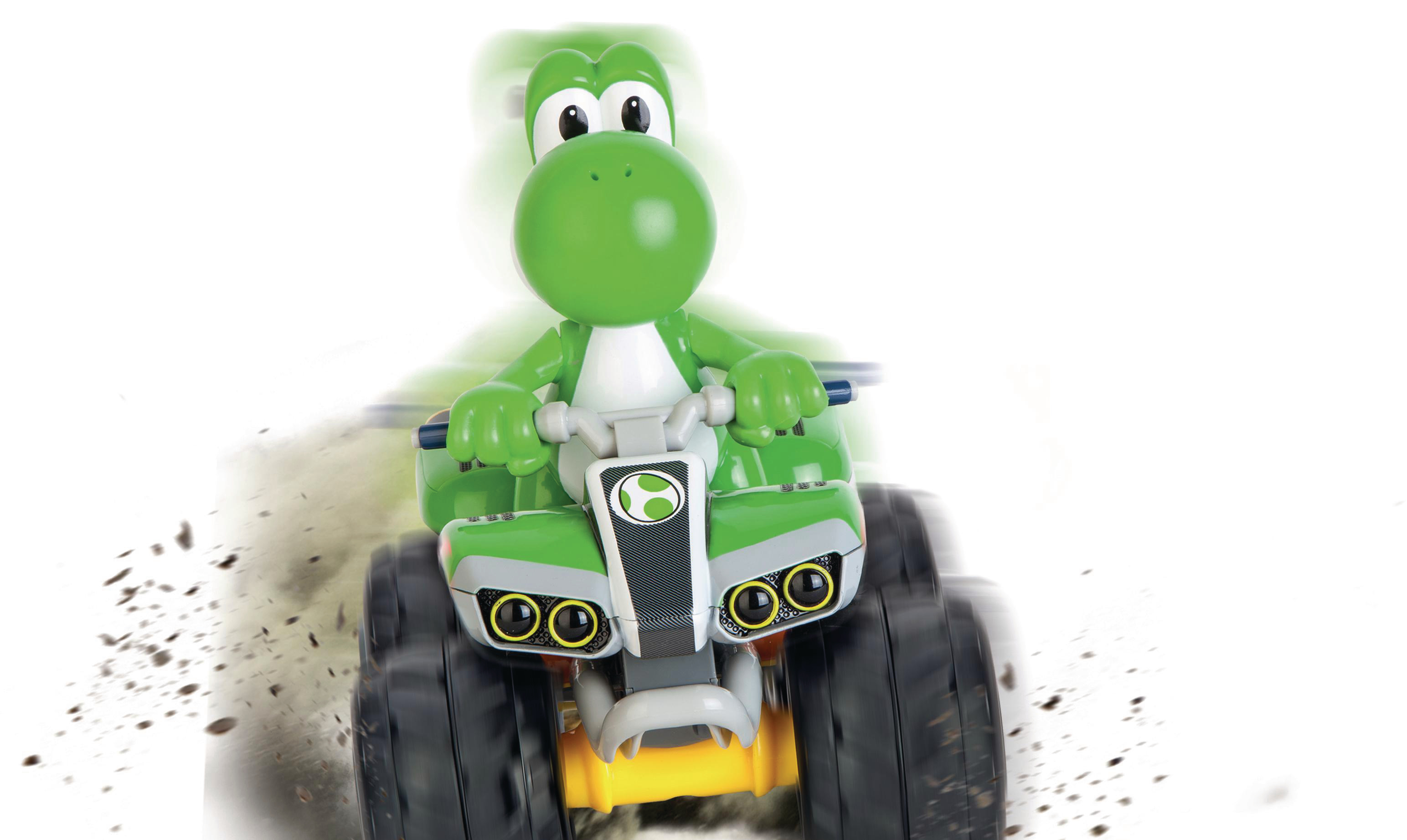 Yoshi fährt ein grünes Quad auf weißem Hintergrund. Das Quad ist grün mit gelben Scheinwerfern.
