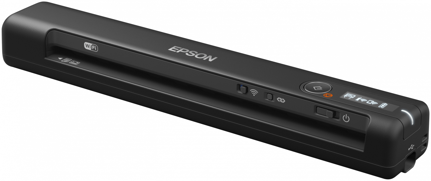 Schwarzer tragbarer Epson-Scanner. Er hat Wi-Fi, einen Einschaltknopf und verschiedene Kontrollleuchten. Der Hintergrund ist schwarz.