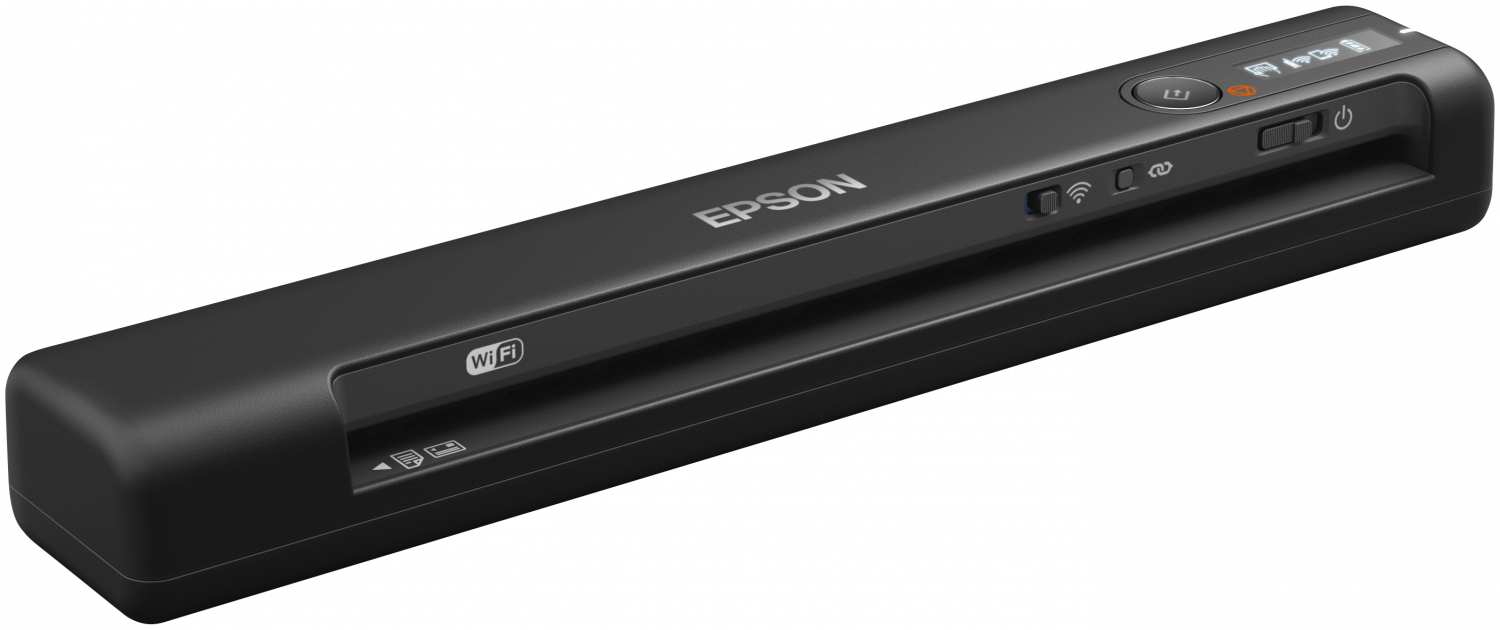 Schwarzer Epson-Scanner. Er hat eine Ein/Aus-Taste, ein WiFi-Symbol und andere Bedientasten.
