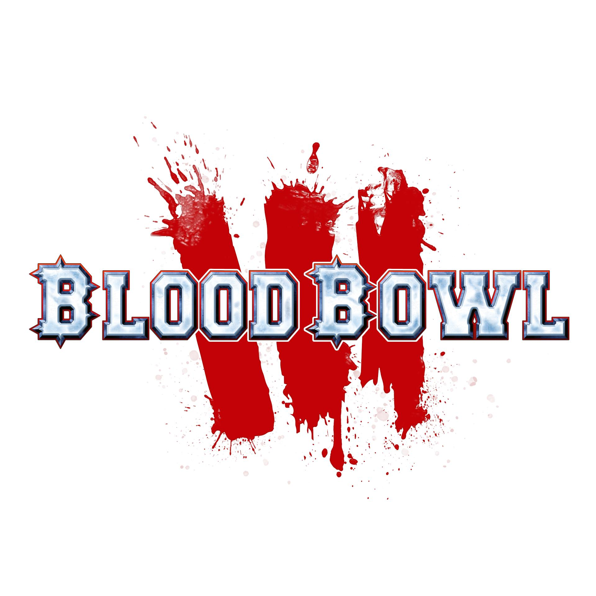 Blood Bowl Logo mit Blutspritzern. Fetter, blau umrandeter Text auf Weiß.