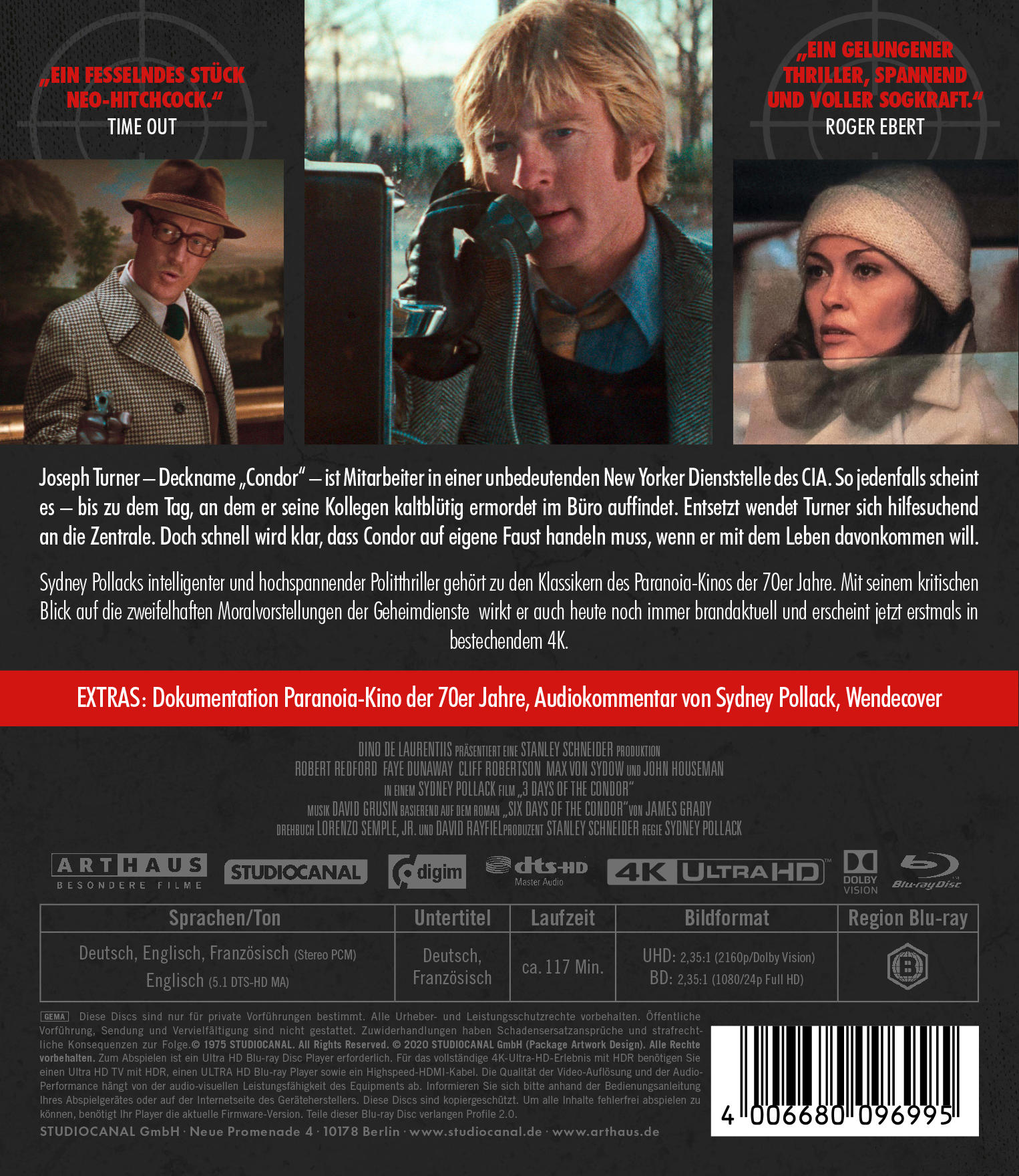 Ein Filmplakat für 'Die drei Tage des Condor' mit Robert Redford und Faye Dunaway.