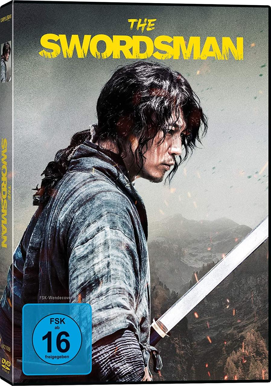 DVD-Cover von 'The Swordsman', ein Mann hält ein Schwert. Dunkler Hintergrund mit Text.