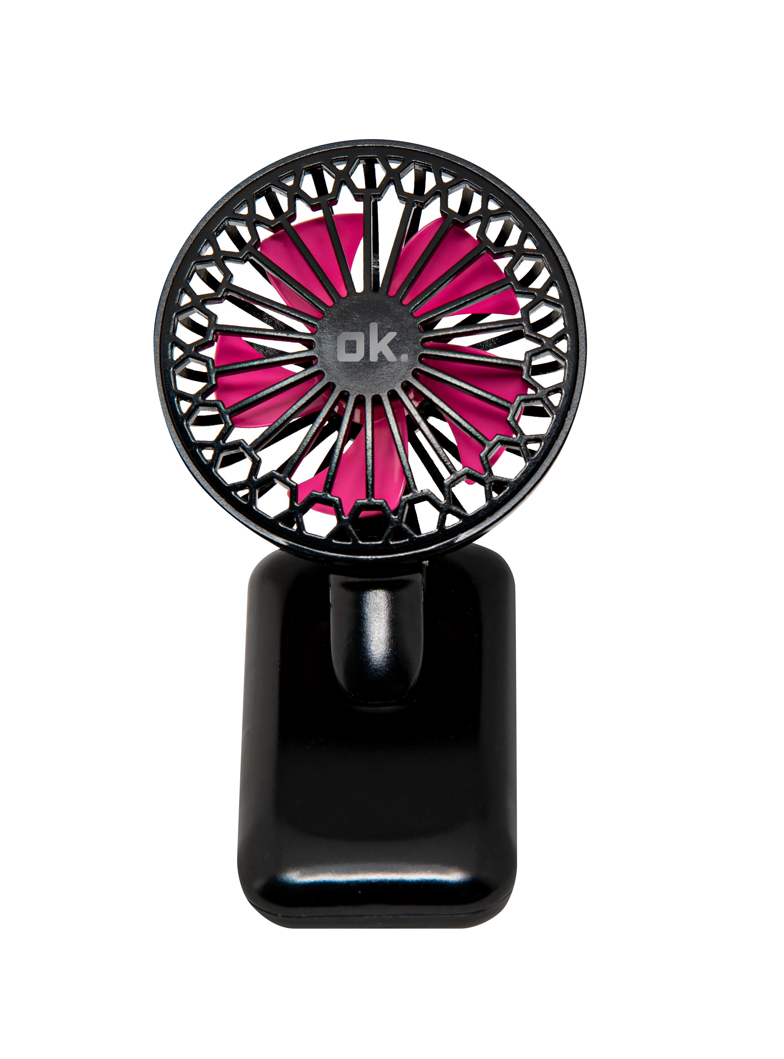 Ein schwarzer tragbarer Ventilator mit einem rosa Lüfterrad. Der Ventilator hat einen schwarzen Sockel.