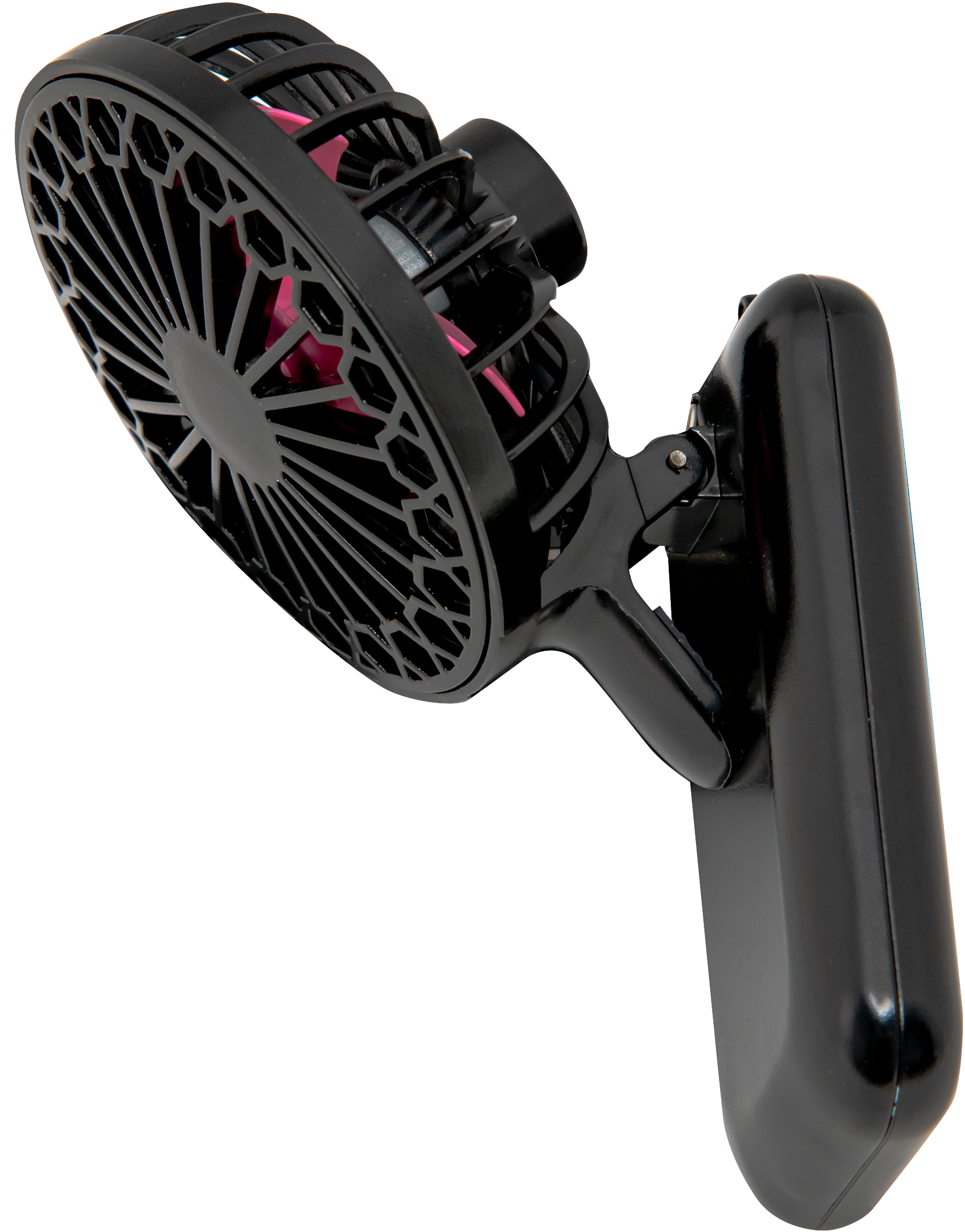 Ein schwarzer, tragbarer Clip-On-Ventilator mit rosa Flügeln.