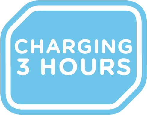 Ein blaues, abgerundetes Rechteck mit weißem Rand. Text darin: CHARGING 3 HOURS.