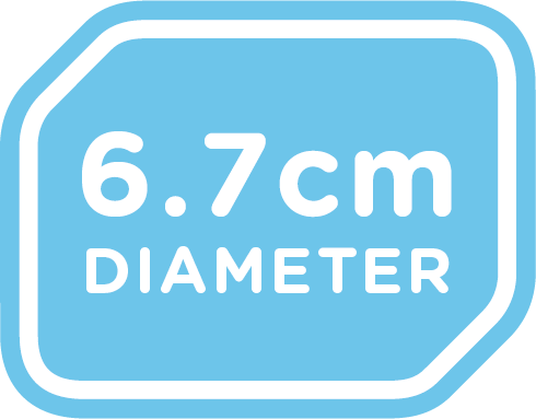 Blaues Abzeichen mit weißem Text, der '6,7 cm DURCHMESSER' lautet.