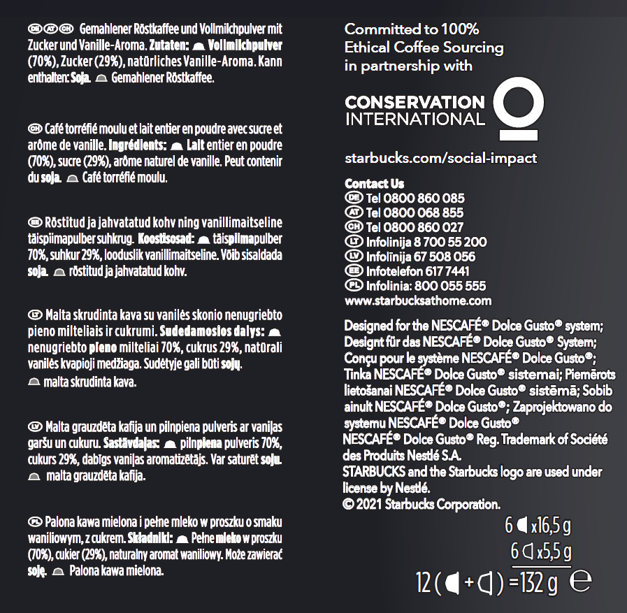 Text in mehreren Sprachen über Kaffee und Starbucks-Produkte.