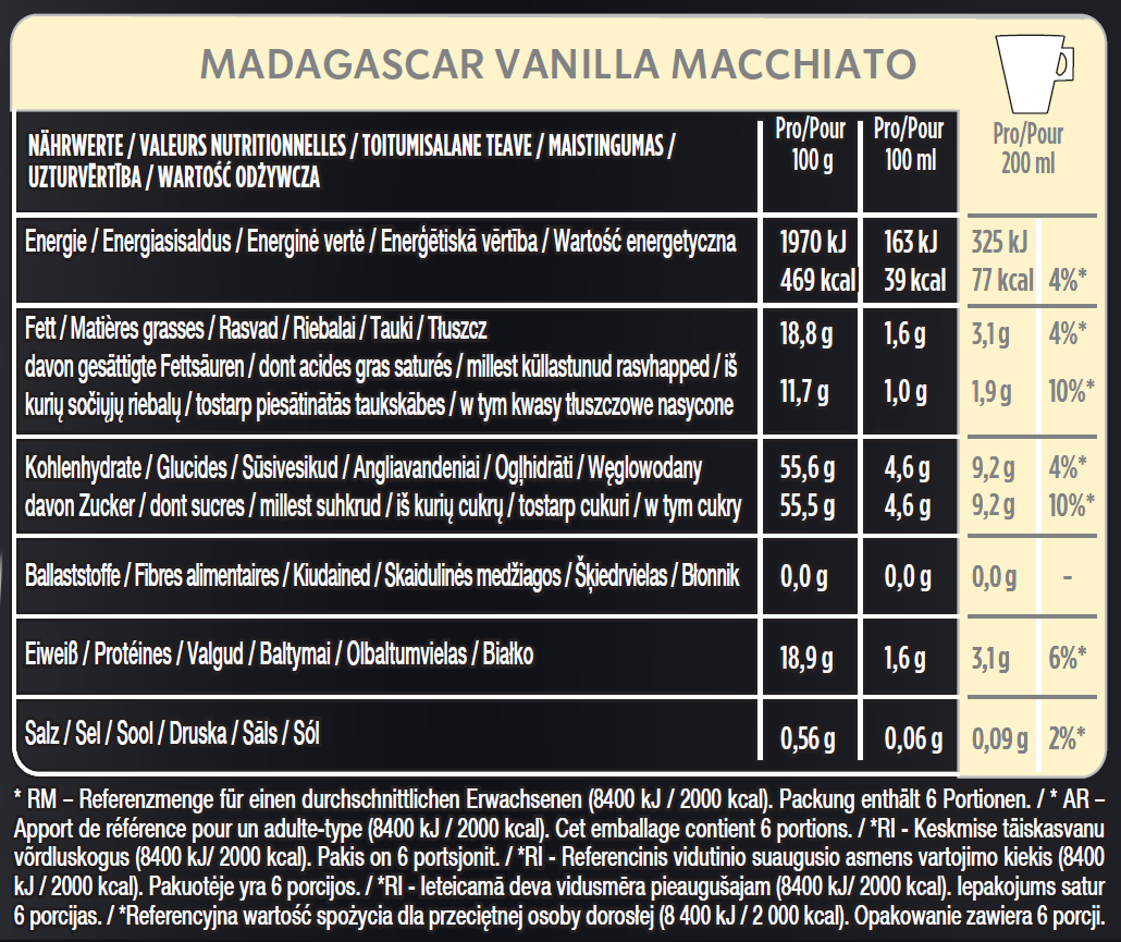 Nährwerttabelle für Madagascar Vanilla Macchiato.