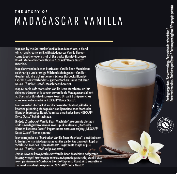 Kaffee mit Vanilleschote und Text über Starbucks' Vanilla Bean Macchiato.