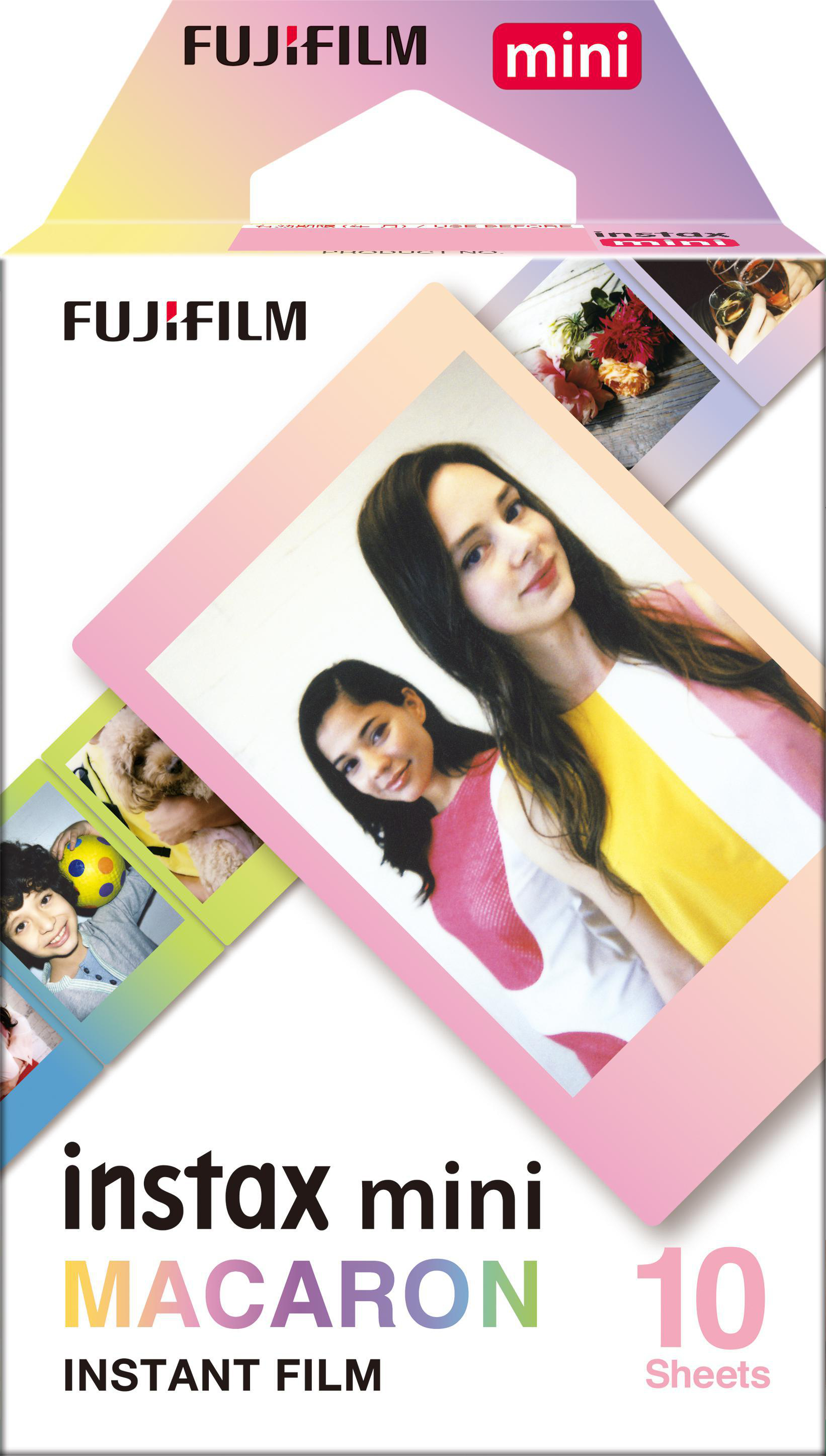 Instax Mini Filmbox mit Fotos von Menschen und Blumen. Weiße Box mit farbenfrohem Text und Bildern.