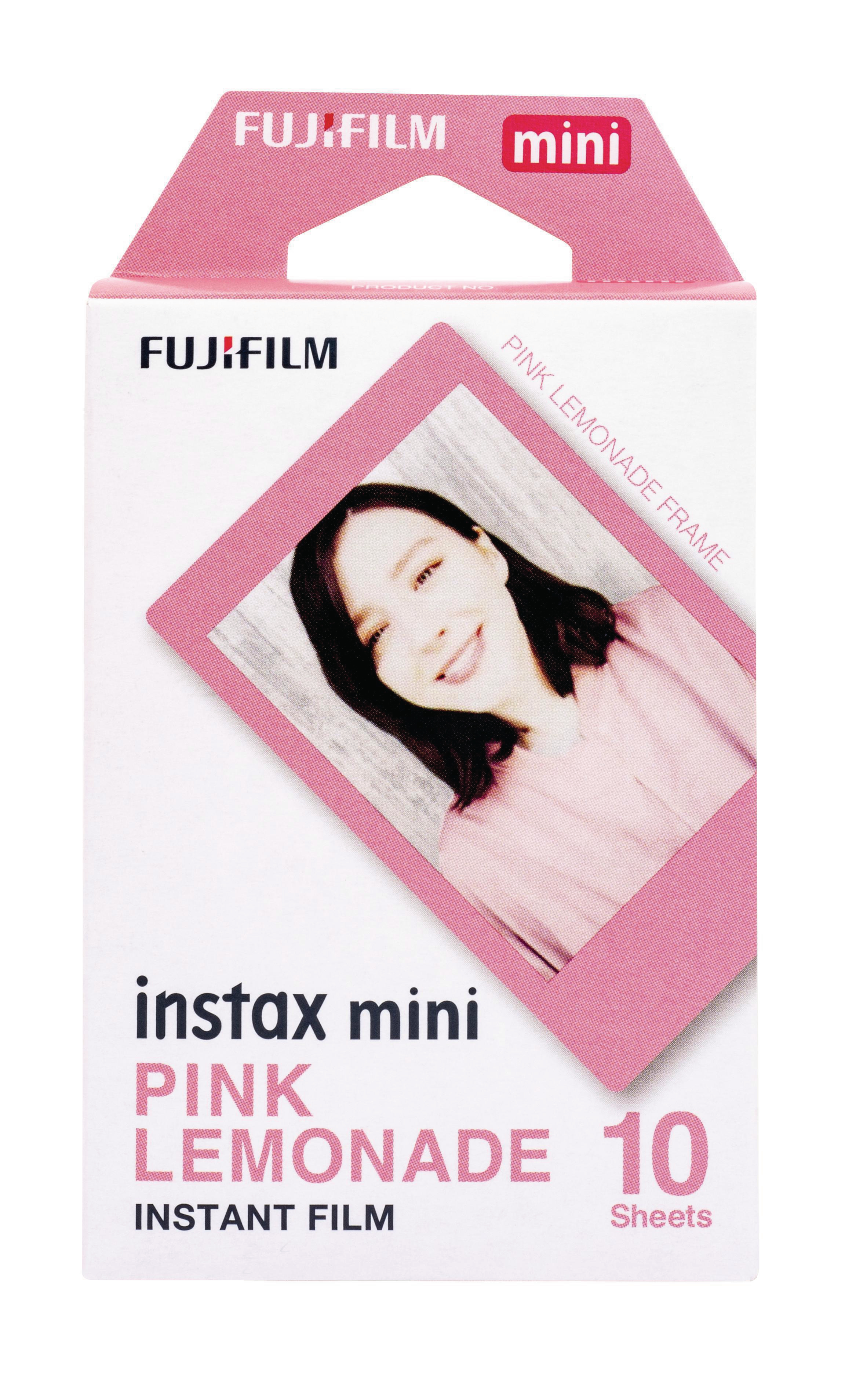 Eine rosa Instax Mini Filmbox mit einem Foto einer lächelnden Frau und Produkttext.