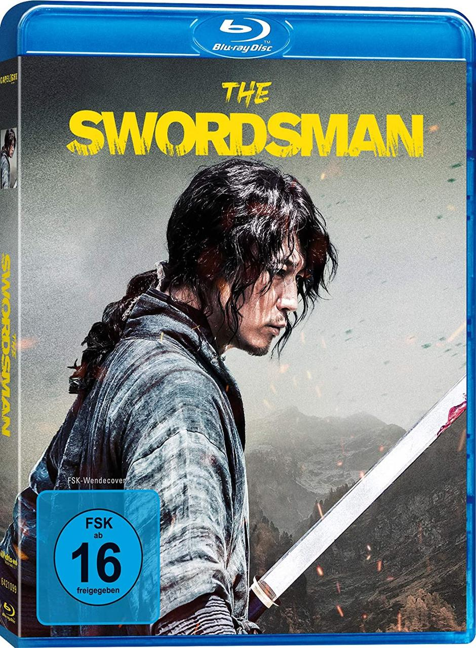 Blu-ray-Cover für den Film The Swordsman, ein Mann mit Schwert in blauem Gehäuse.