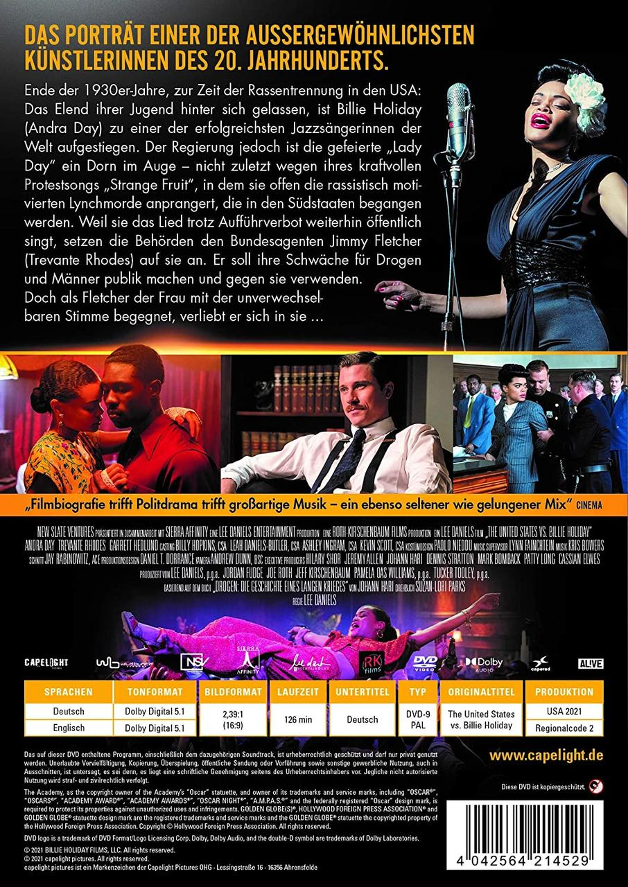 Rückseite einer DVD-Hülle. Porträt einer Frau, Text und Credits. The United States vs. Billie Holiday.