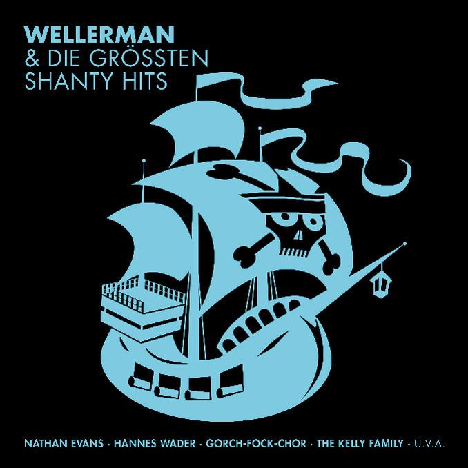 Albumcover mit Piratenschiff-Illustration, Totenkopf und gekreuzten Knochen. Schwarzer Hintergrund mit blauen Akzenten.