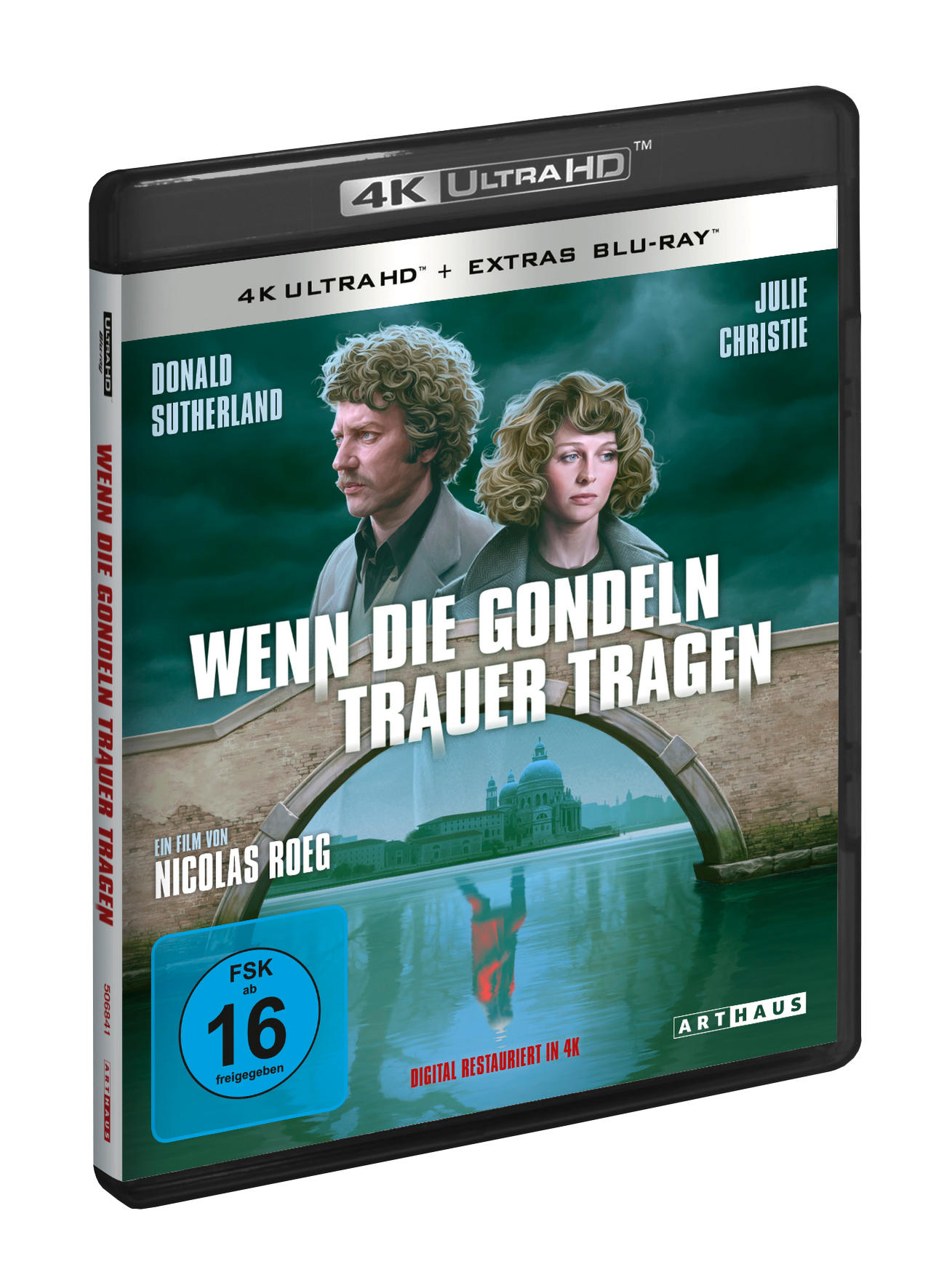 4K Ultra HD Blu-ray-Cover. Zwei Personen, eine Brücke, Text: Wenn Die Gondeln Trauer Tragen.