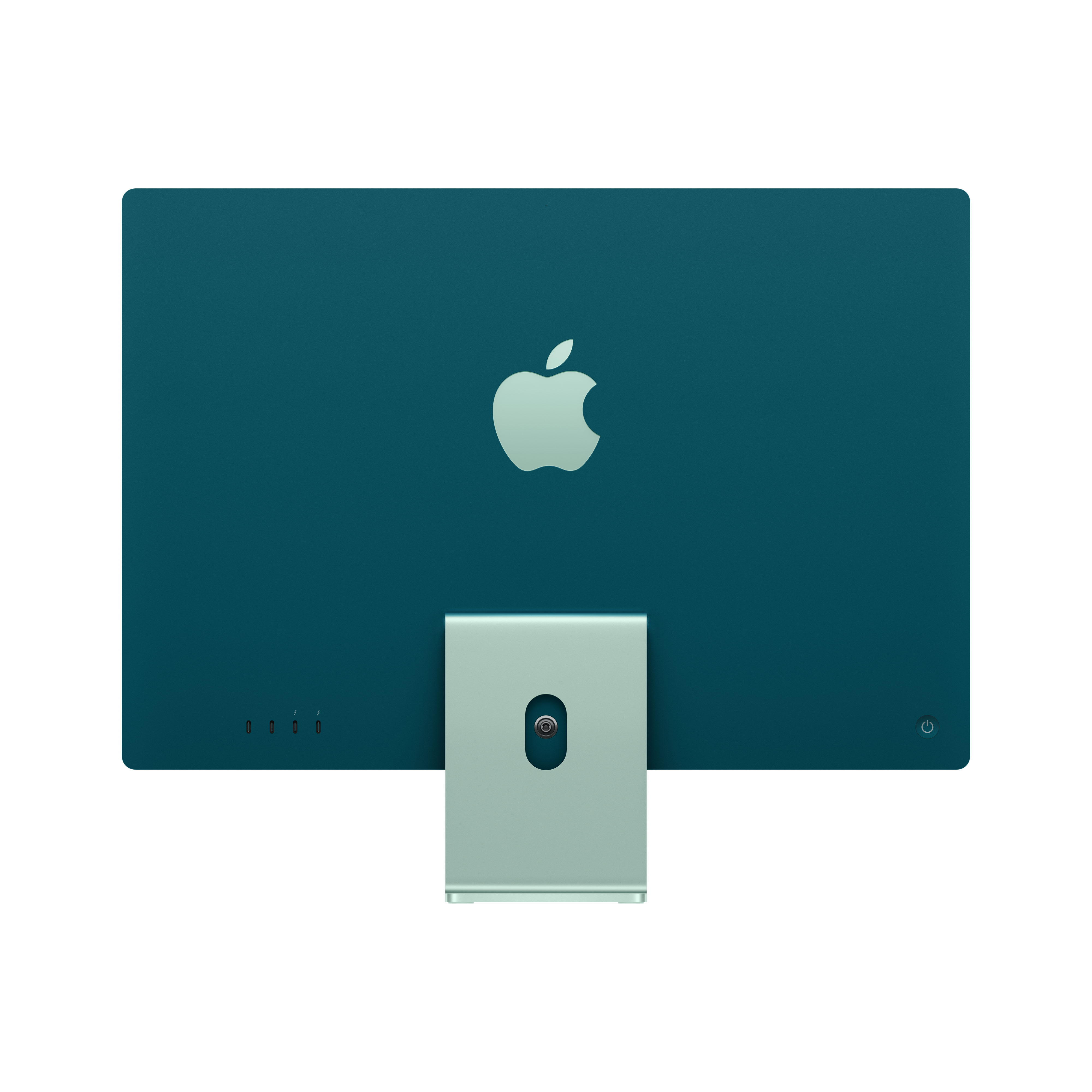 Parte trasera de iMac turquesa. Logotipo de Apple visible. Soporte y puertos verde claro. Botón de encendido.