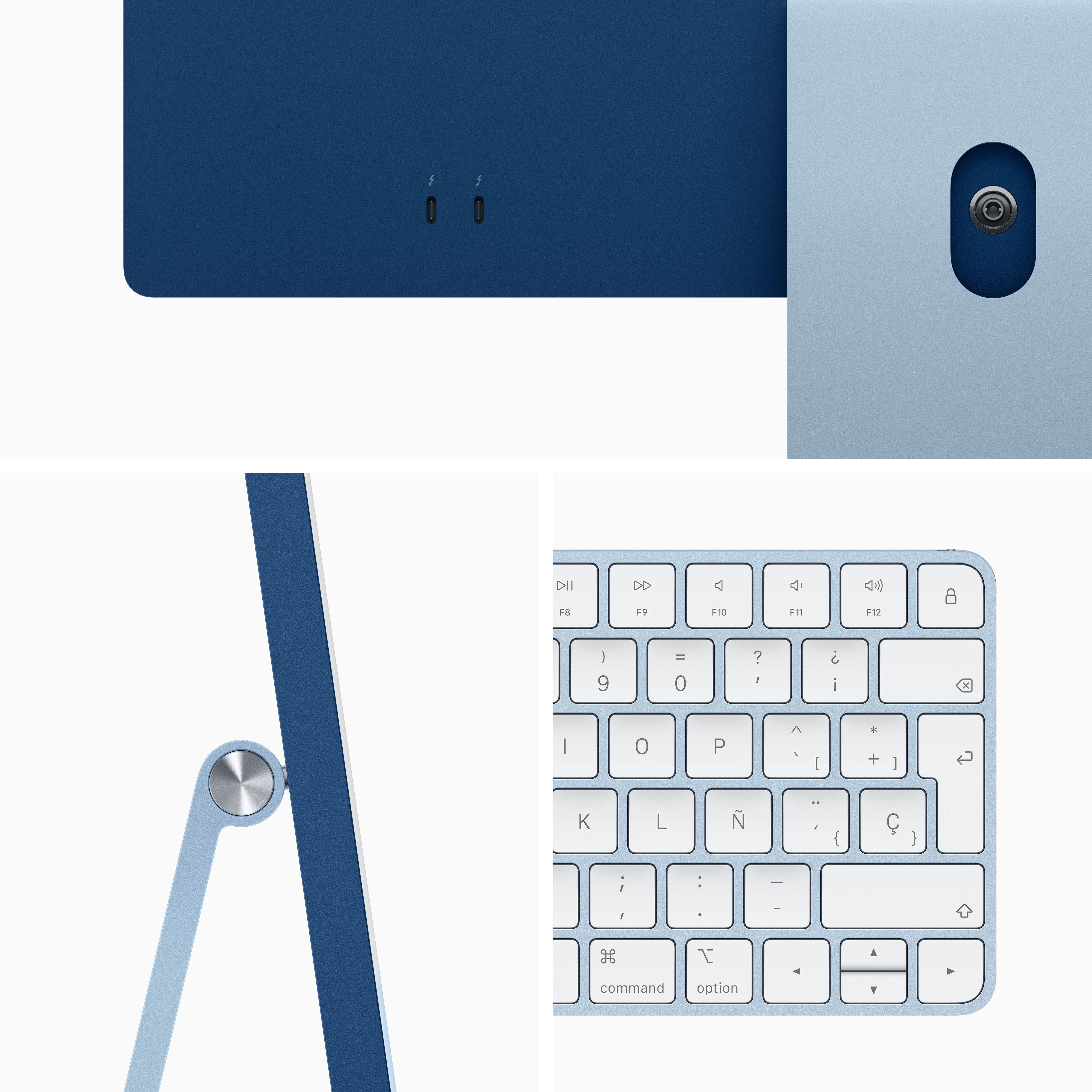 Componentes de computadora azules y blancos. Incluye monitor, soporte, teclado y puertos.