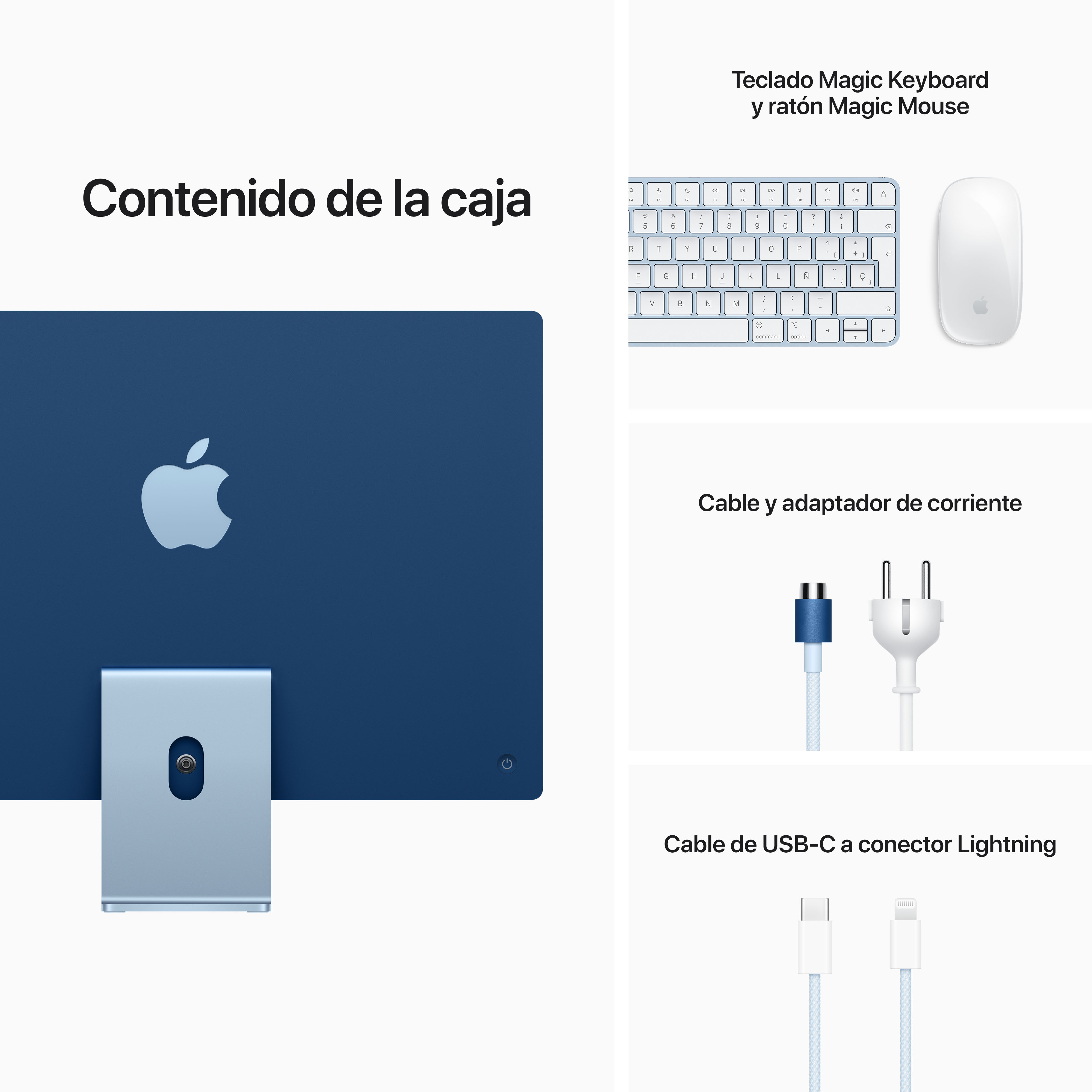 Una pantalla con componentes: teclado, ratón, cable y adaptador de corriente y cable USB.