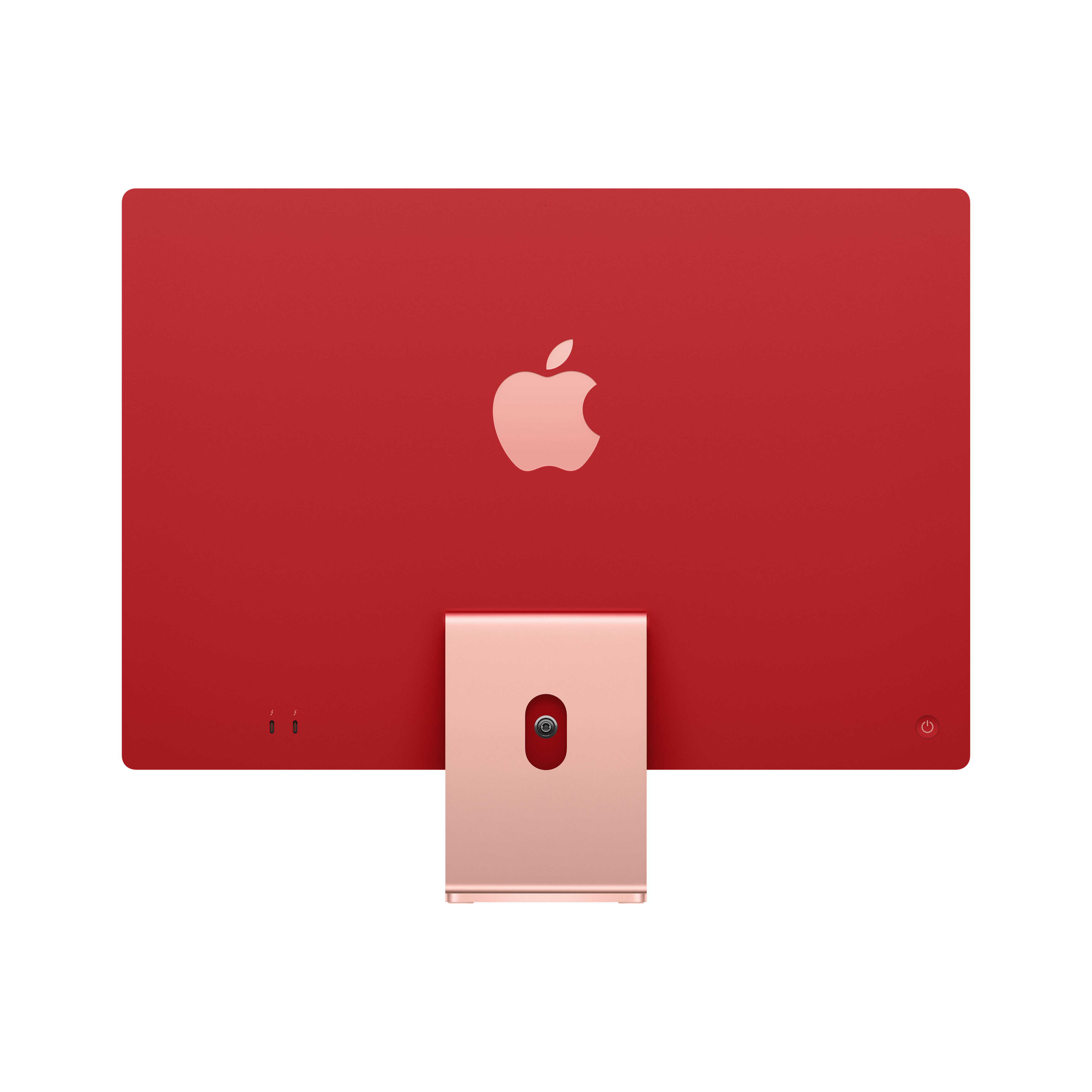 iMac rojo, vista trasera, con logo de Apple y soporte. Fondo blanco.