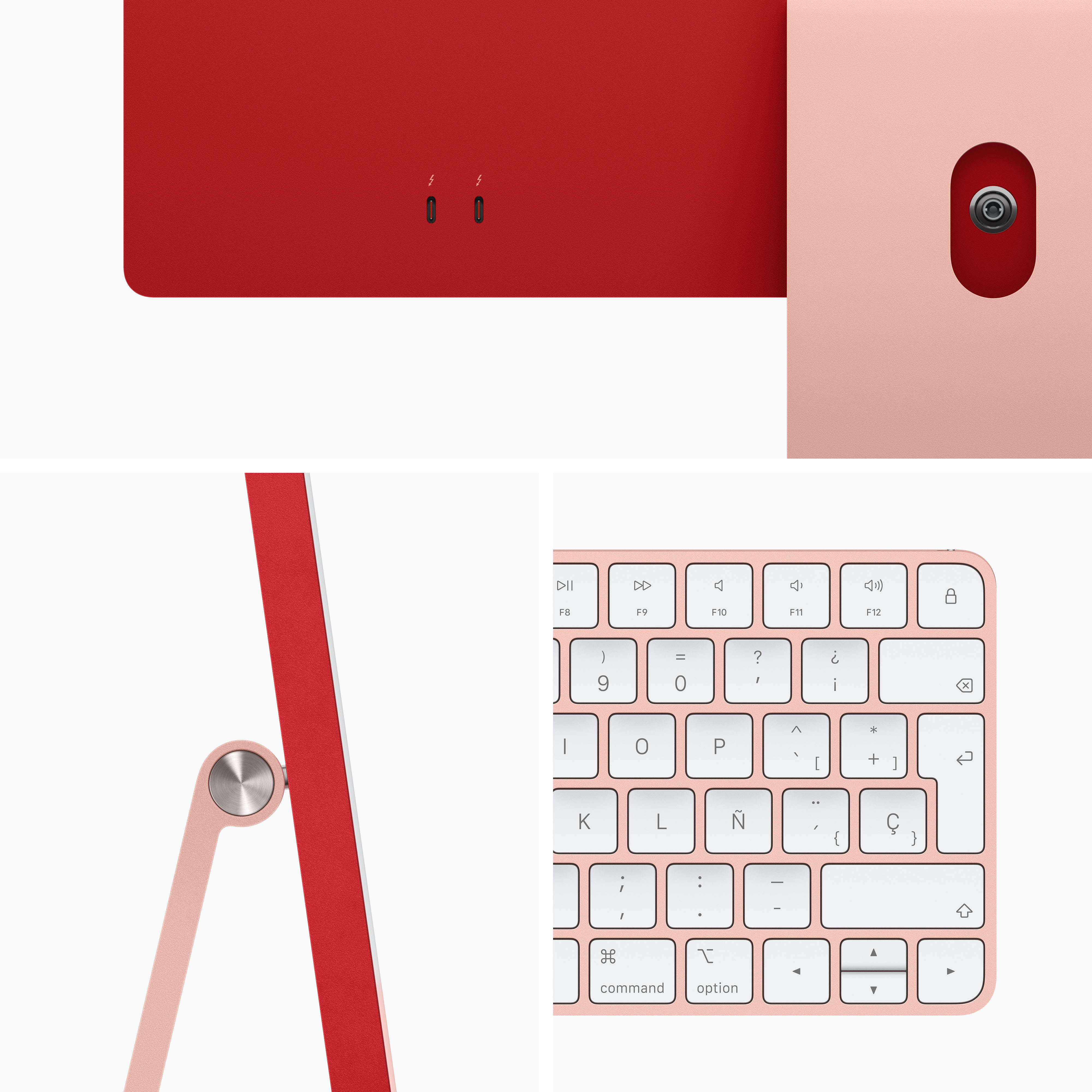 Primer plano de un iMac. Muestra parte trasera roja, puertos y teclado rosa.